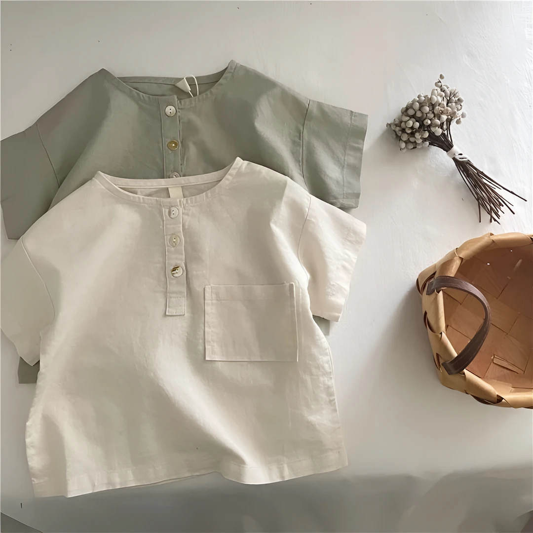 夏季新款儿童圆领开衫男童女童简约棉麻宽松短袖衬衫上衣复古