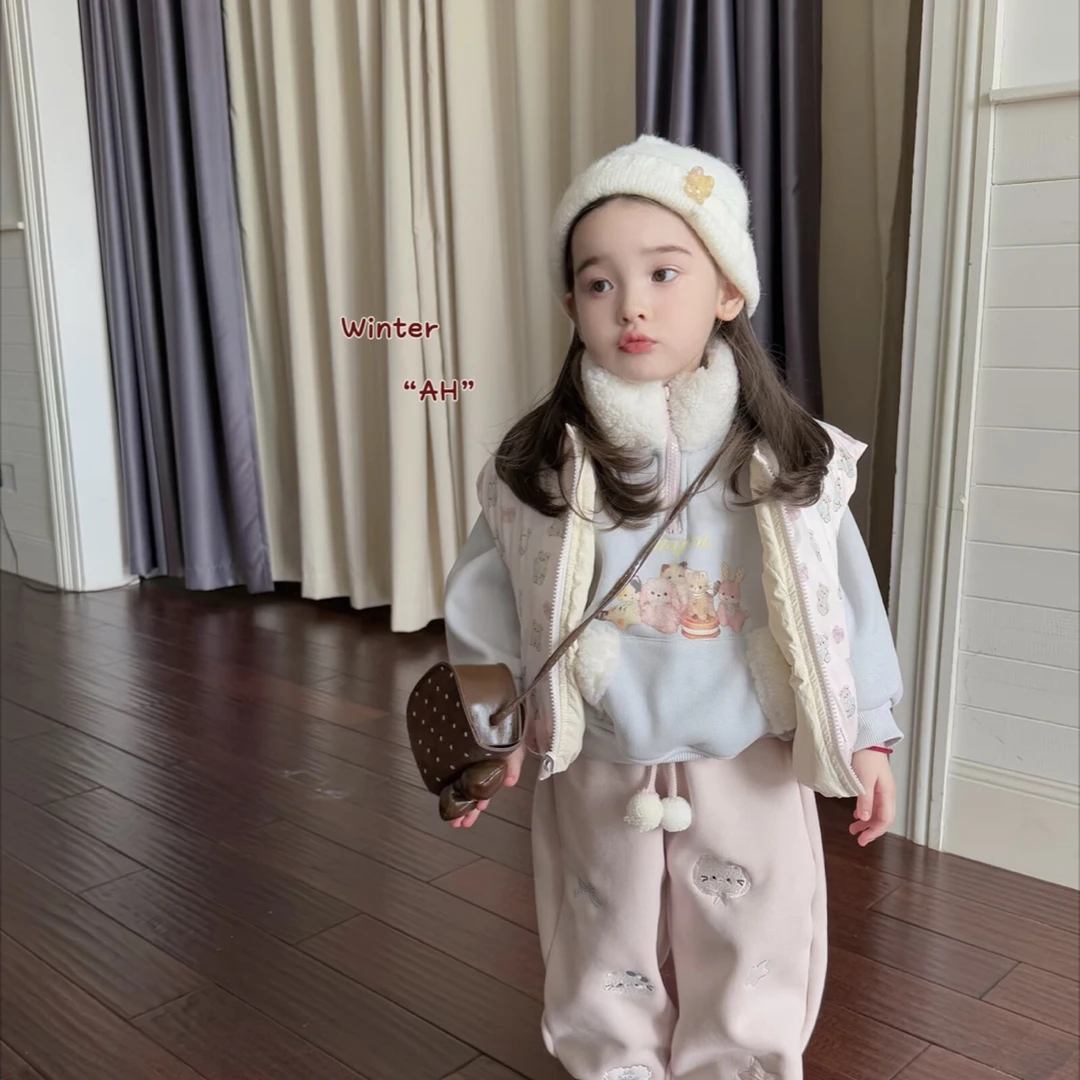 AH女童双面穿马甲毛领卫衣猫咪加绒裤秋冬可爱卡通（No退换）