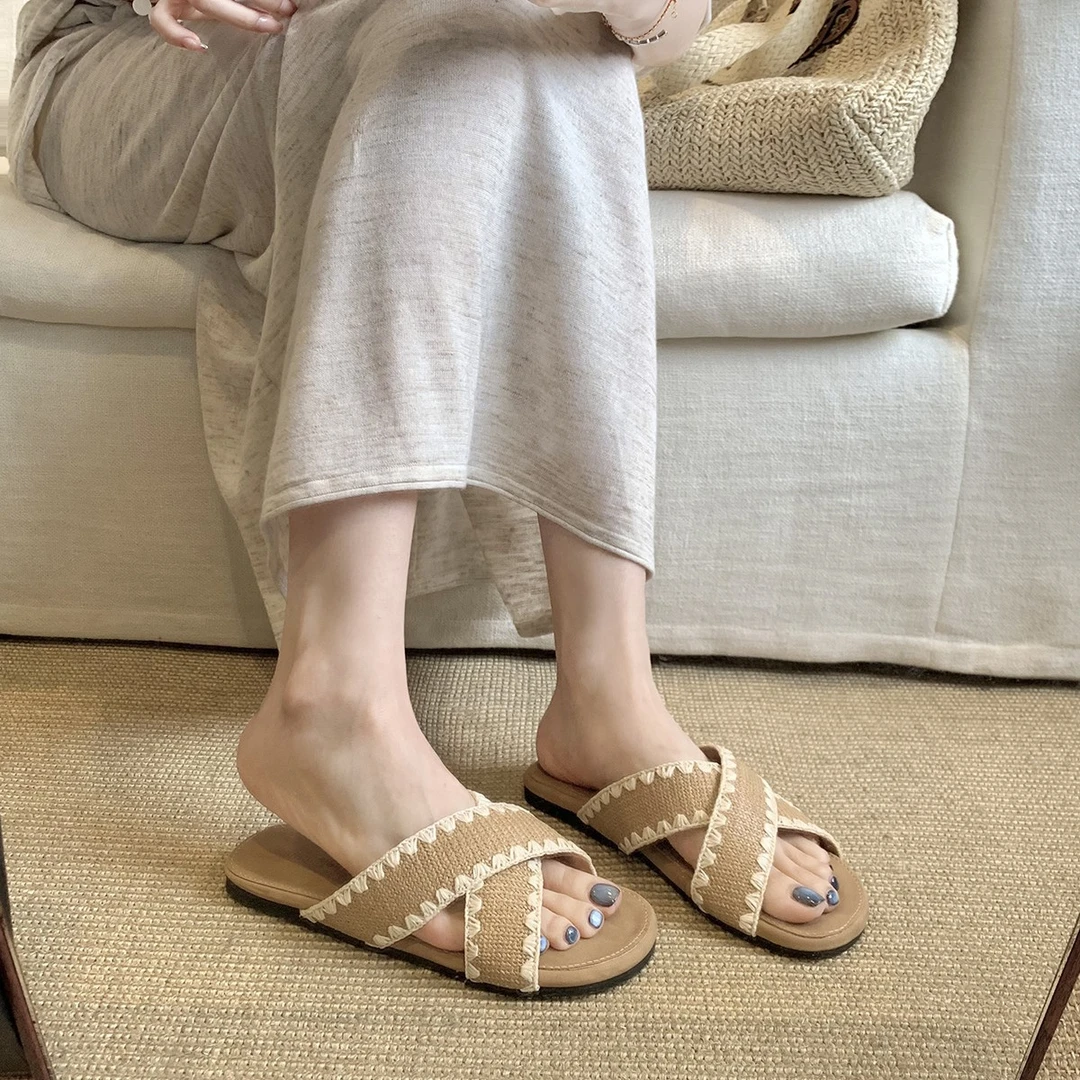 同款现货~波西米亚风百搭编织交叉一字带百搭凉拖女夏网红时尚