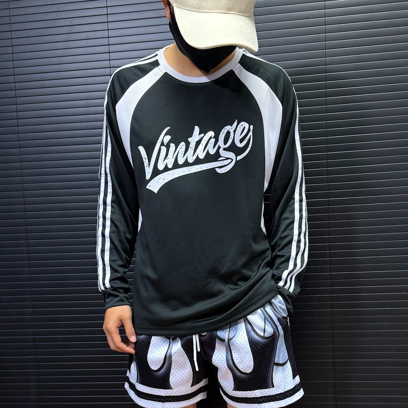 复古机车服插肩长袖轻薄健身t恤美式拼接运动休闲速干宽松训练服