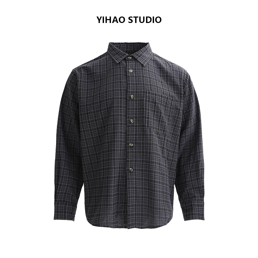 YIHAO STUDIO秋季男款泡泡纱格子衬衫休闲透气宽松百搭翻领衬衣
