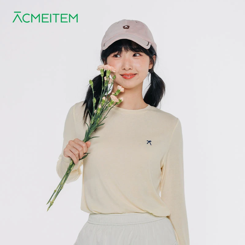 ACMEITEM爱棵米 休闲运动针织长袖T恤简约纯色合身打底衫上衣女士
