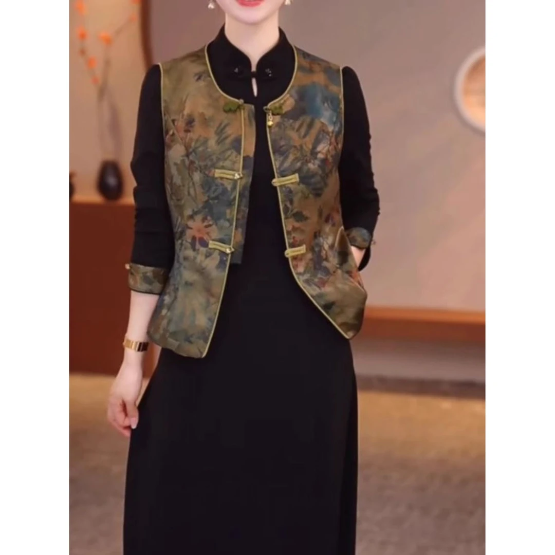 高级感复古国风新中式韵味马甲女气质时尚妈妈装减龄百搭印花上衣