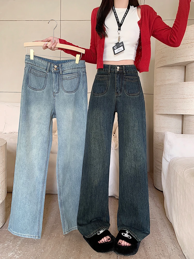 2025春季大码胖mm梨型身材牛仔裤高腰百搭显瘦阔腿裤65552