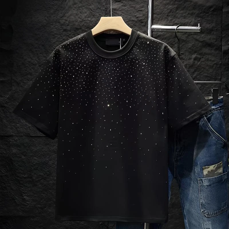 【100-199编码】夏季纯棉烫钻短袖圆领百搭男士T恤休闲百搭半袖