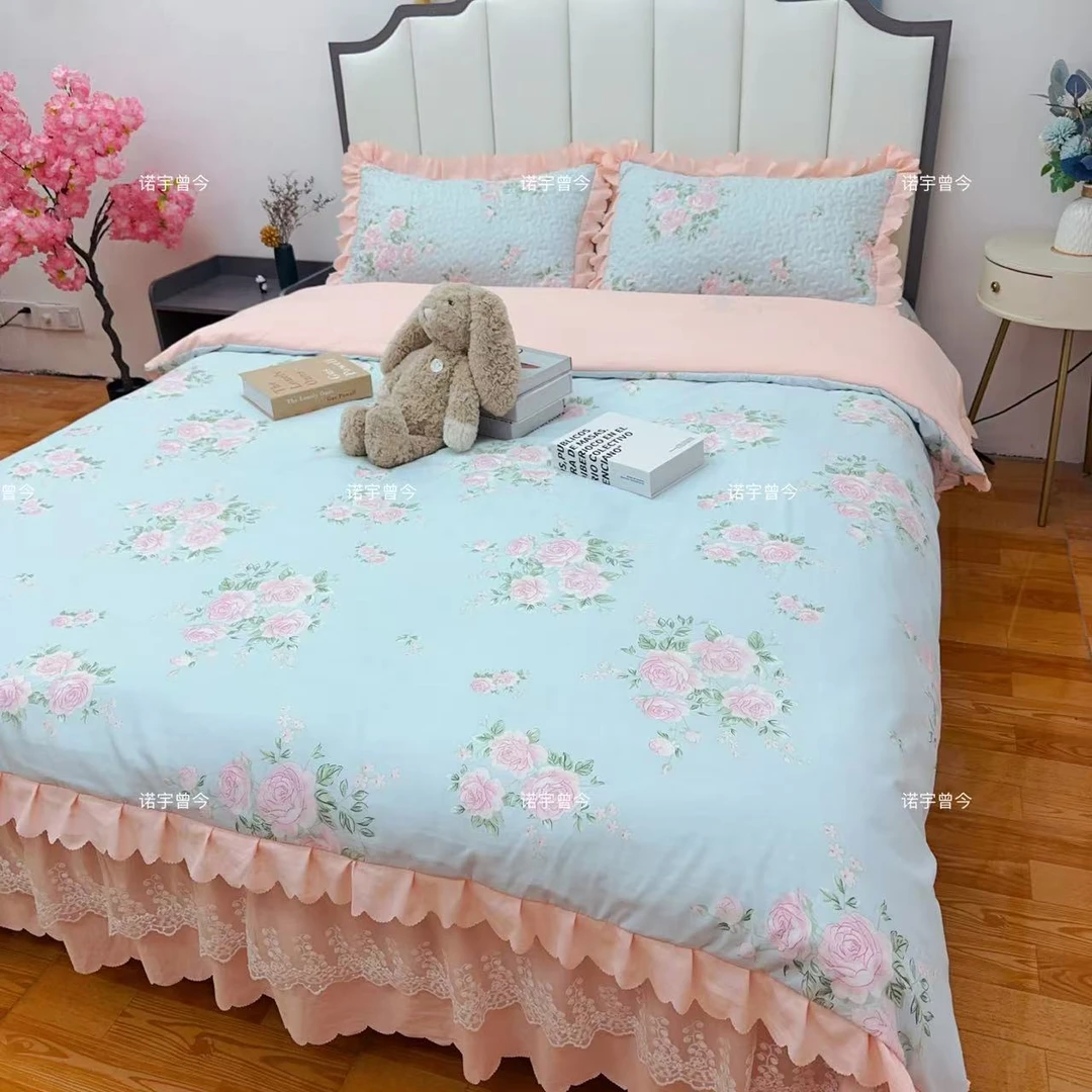 春夏新款双层纱花边韩版夹棉绗缝床盖四件三件套防滑透气四季通用