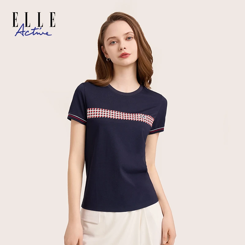 ELLE Active夏季新款女装运动户外百搭时尚透气圆领短袖正肩T恤