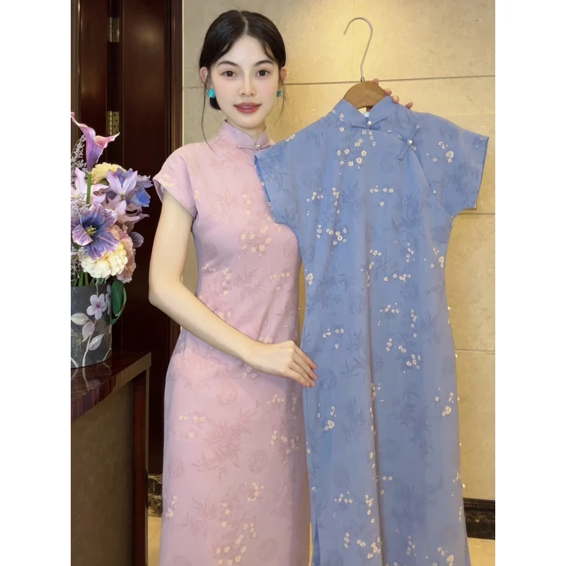 球球夫人丨双色蓝粉）122cm新款短袖全开襟改良时尚版显瘦百搭旗袍