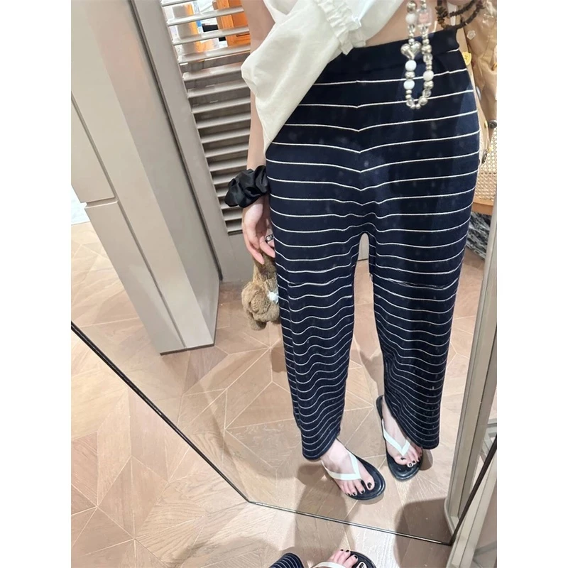 蓝白条纹 超舒服条纹九分休闲裤 百搭针织直筒裤女 81000