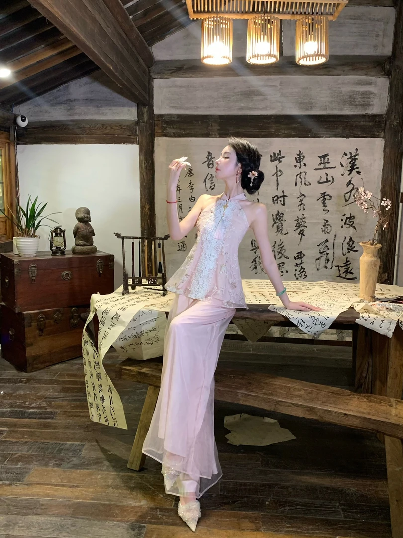 【雅乔定制】露-华浓 网纱刺绣新中式上衣阔腿裤套装DYYK-25042334