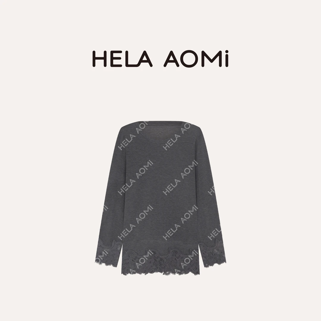 HELA AOMI “丝羊绒蕾丝T”拼接圆领打底衫百搭叠穿T恤CY5CN23104