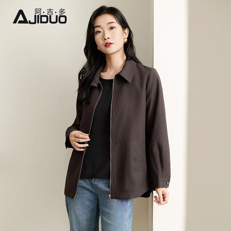 阿吉多翻领长袖外套女春季新款复古气质夹克大码收腰显瘦妈妈上衣