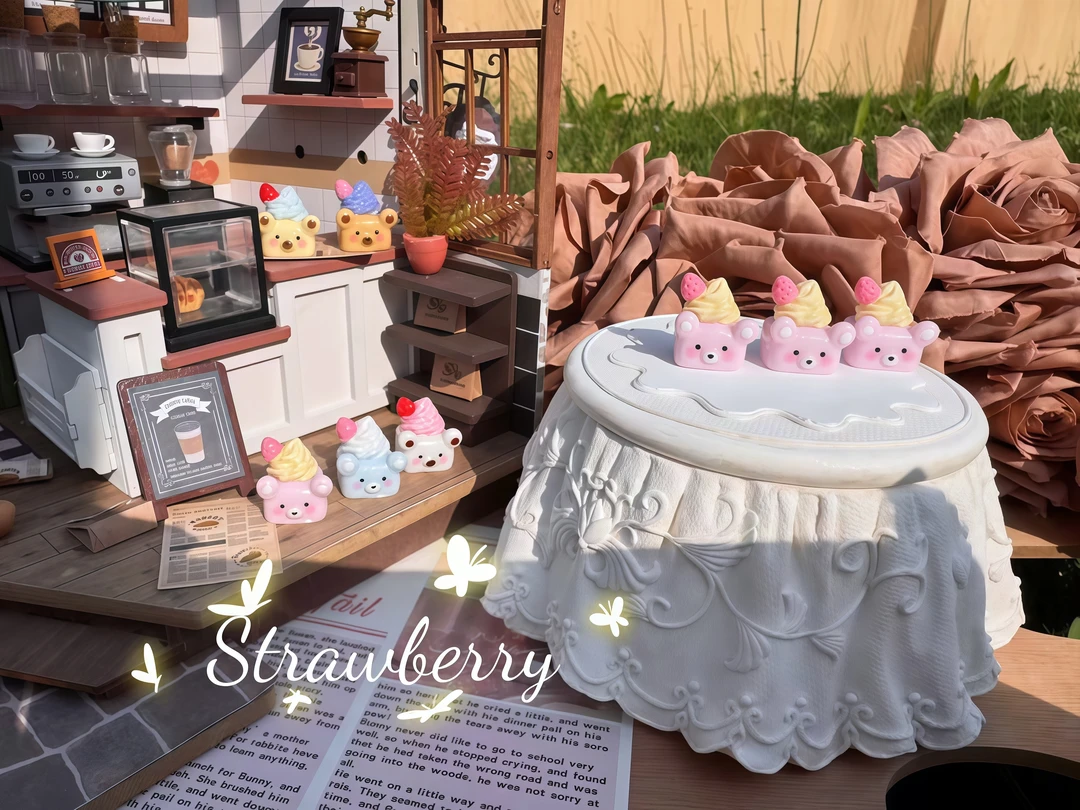 【草莓定制款】微缩小熊奶油冰淇淋杯 仿真小食玩 摆件 DIY树脂配件