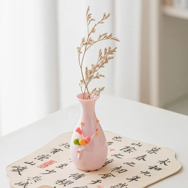 陶瓷手工捏花小花瓶粉色轻奢温润通透小清新花器插干花瓷器42010