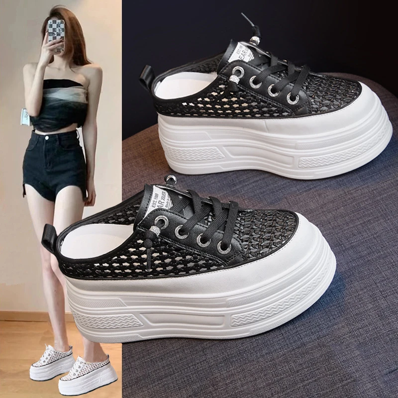 踩跟小白鞋2025夏季款内增高镂空网面圆头厚底真皮休闲半拖女鞋子