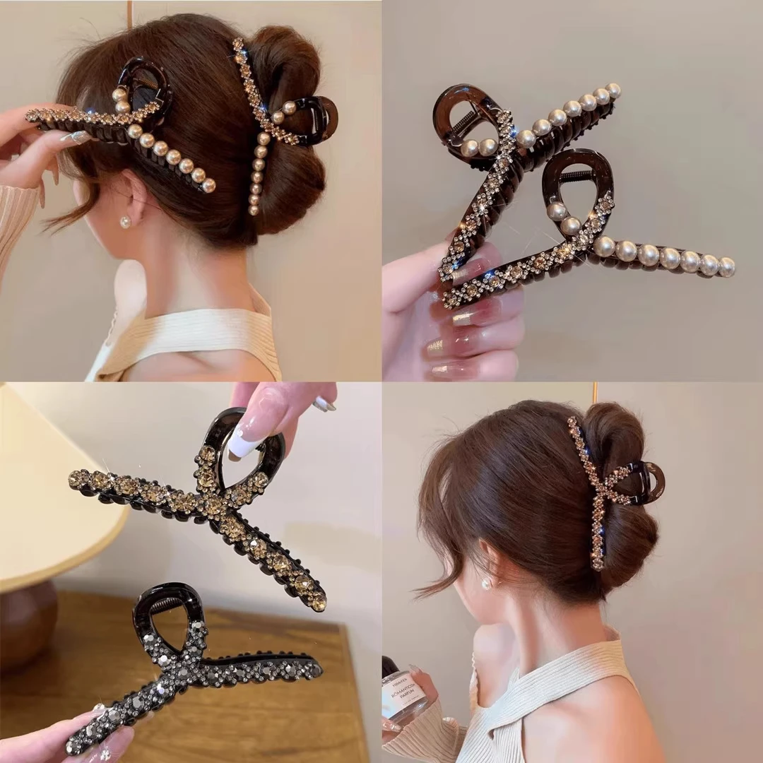 2025新款珍珠闪钻鲨鱼夹后脑勺抓夹法式抓夹复古港风发夹发饰