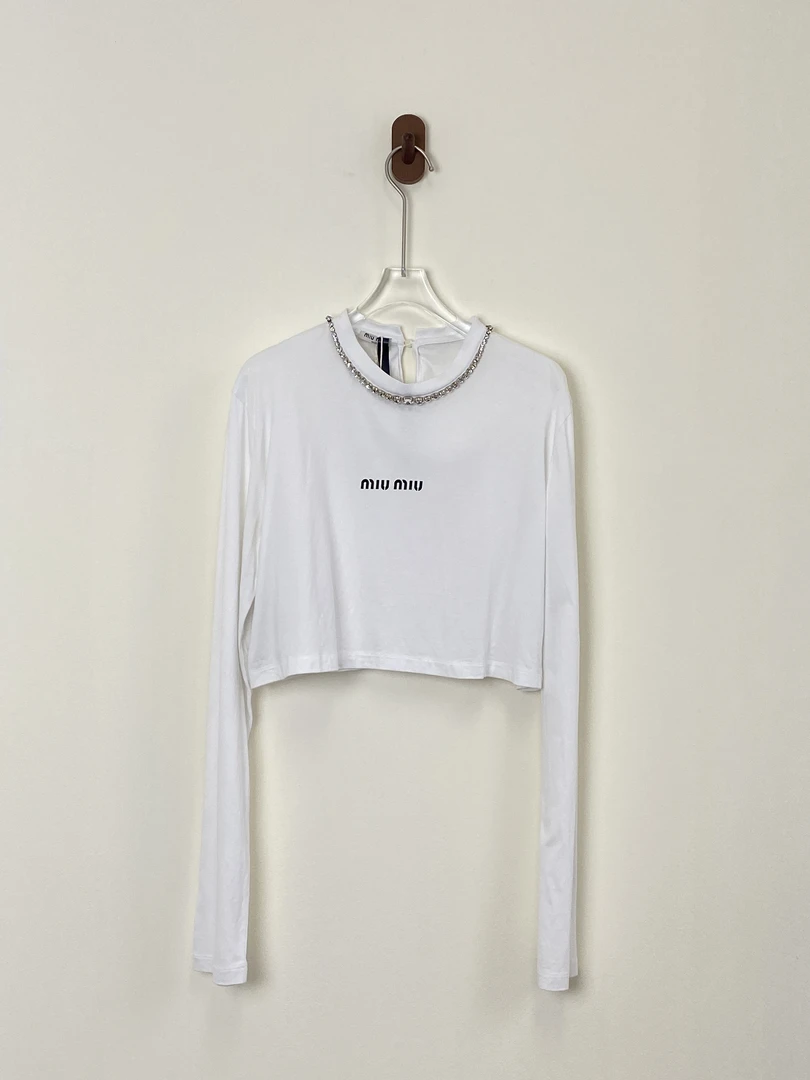 99新 MIU MIU/缪缪 aa7720/钻石白色圆领长袖/L码