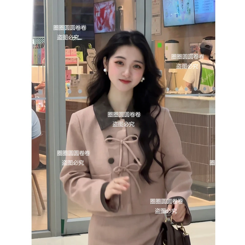 【情书】秋冬季翻领小香风拼皮时尚气质高级感两件套套装