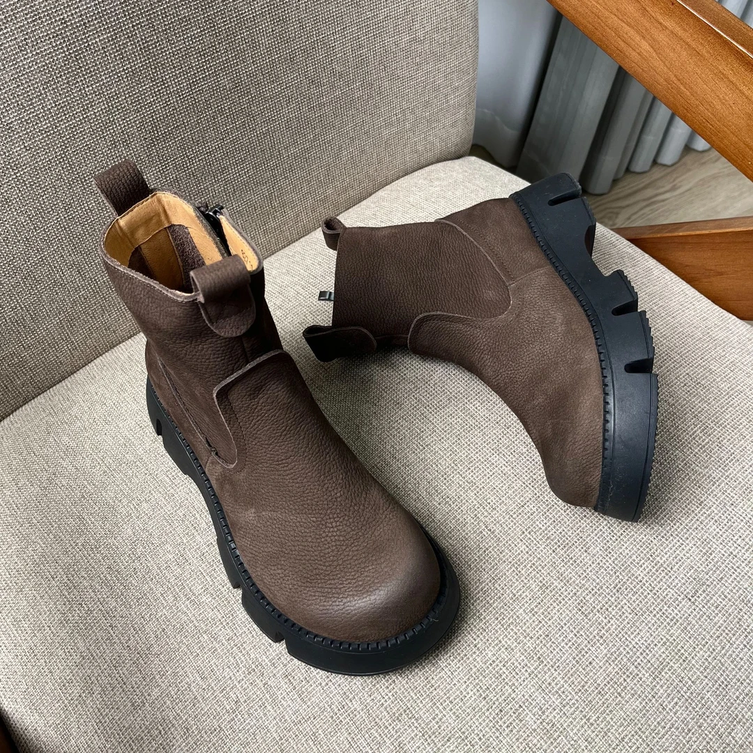 加绒马丁靴头层牛皮女靴新款秋冬复古超软显瘦厚底舒服棉鞋短靴子