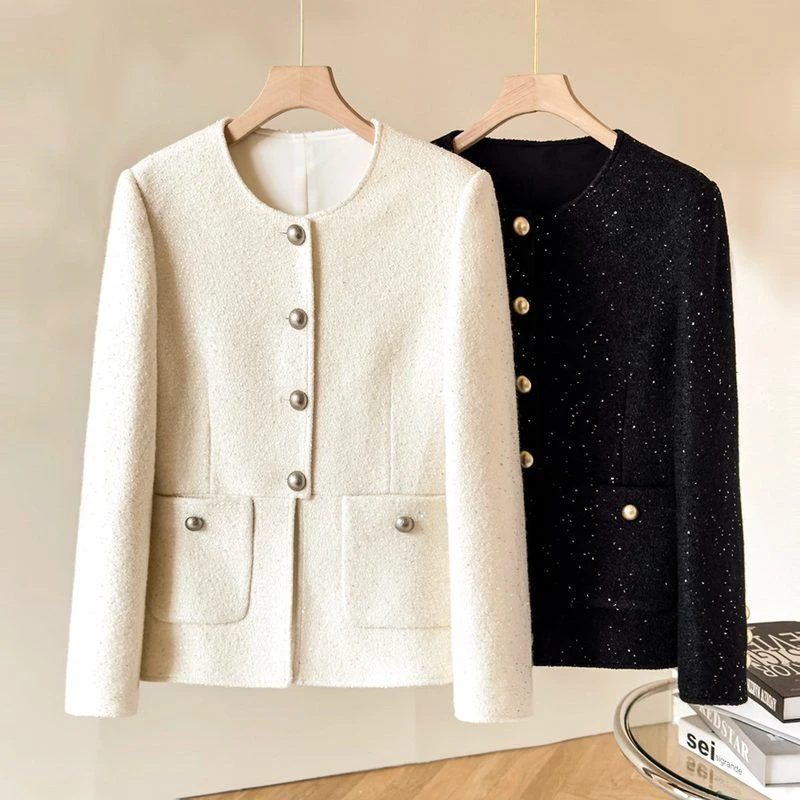 羊毛法式名媛风小香风外套女春季气质收腰白色粗花呢亮丝上衣