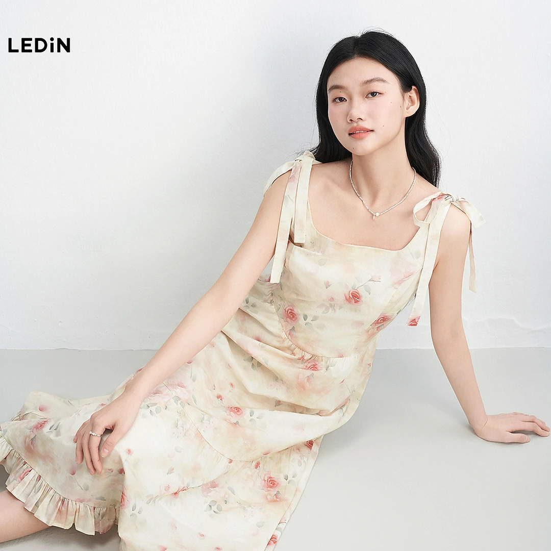 乐町晕染花卉蝴蝶结绑带肩带连衣裙2251