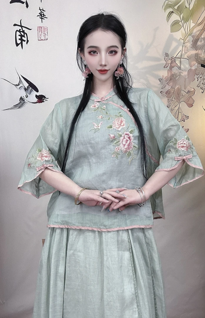 【小乔】炫织梦麻印记复古国风纯苎麻夏季圆领斜襟盘扣茶服上衣