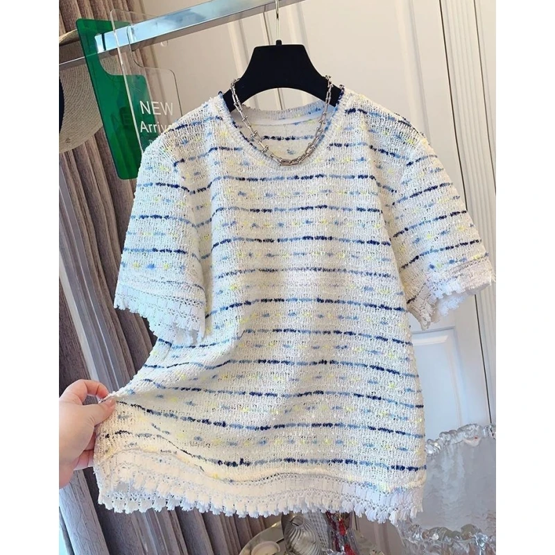 6697高级感法式小香气质编织条纹短袖T恤宽松针织上衣女2025夏款