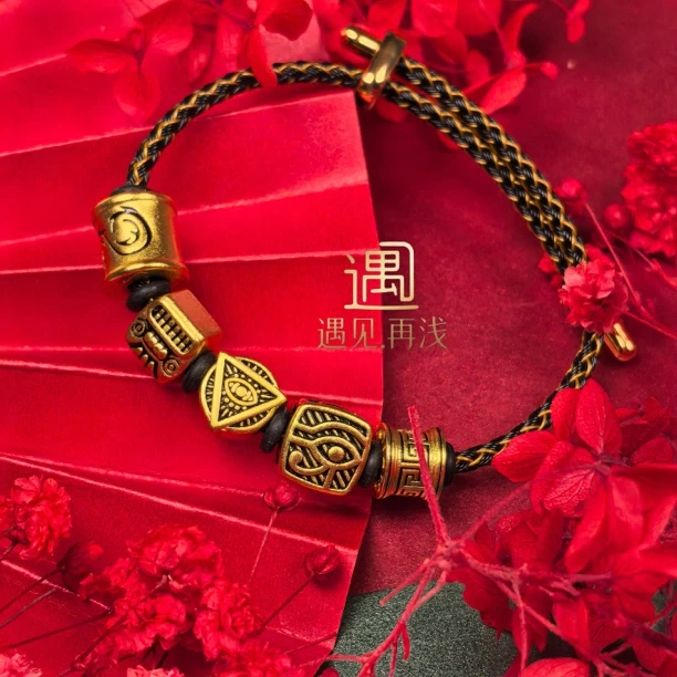 铜合金手链 遇见再浅【精工】手链刺青黑金酷黑皮绳手串时尚百搭