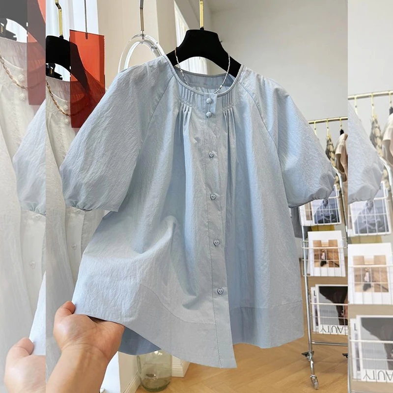 新中式夏季泡泡袖短袖打褶复古大码衬衫女显瘦衬衣潮宽松百搭上衣