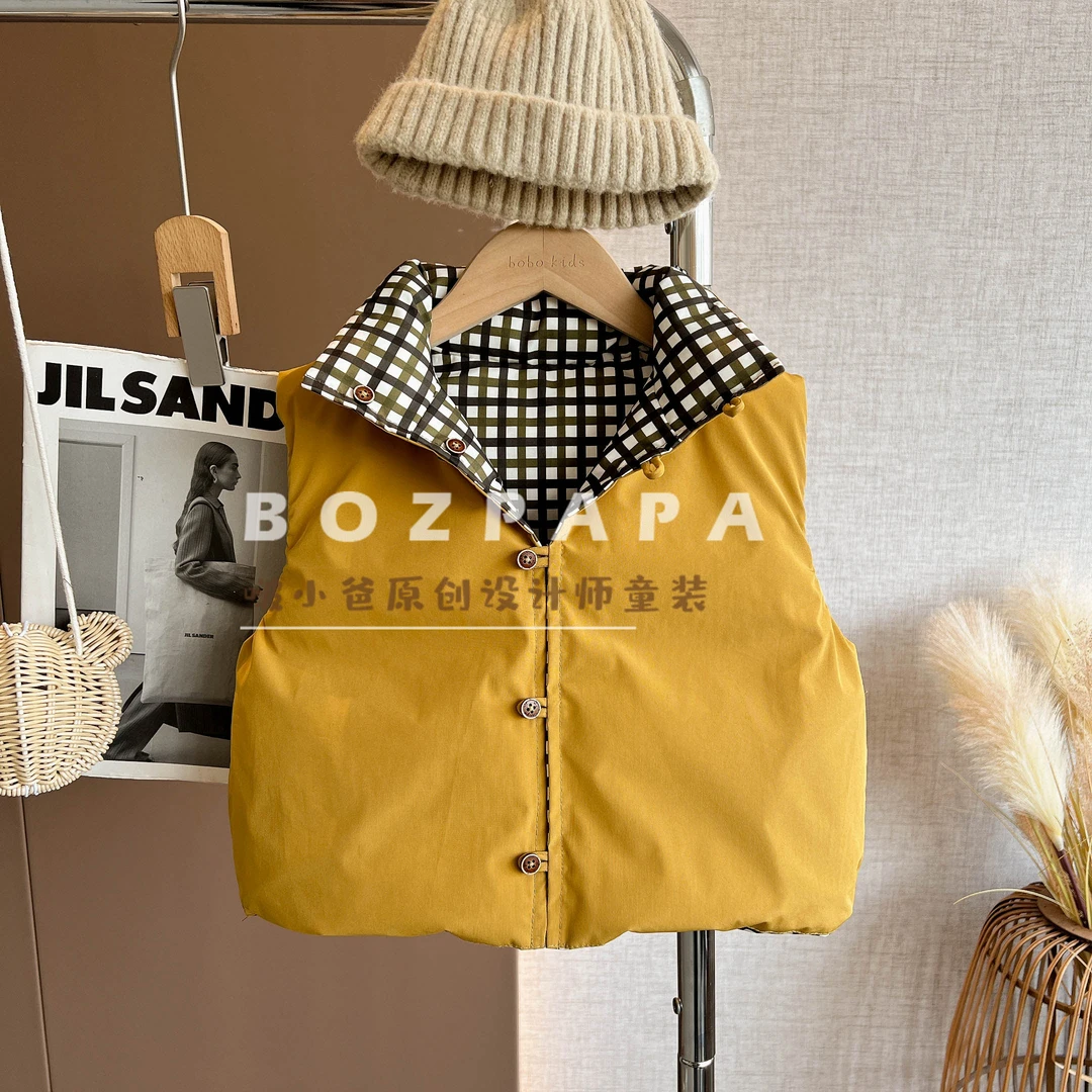 现货【奇妙之夜】2025冬季新款男童宝宝百搭纯色格纹两面穿棉马甲
