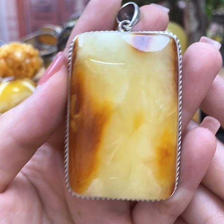 琥珀银S925镶嵌戒指吊坠