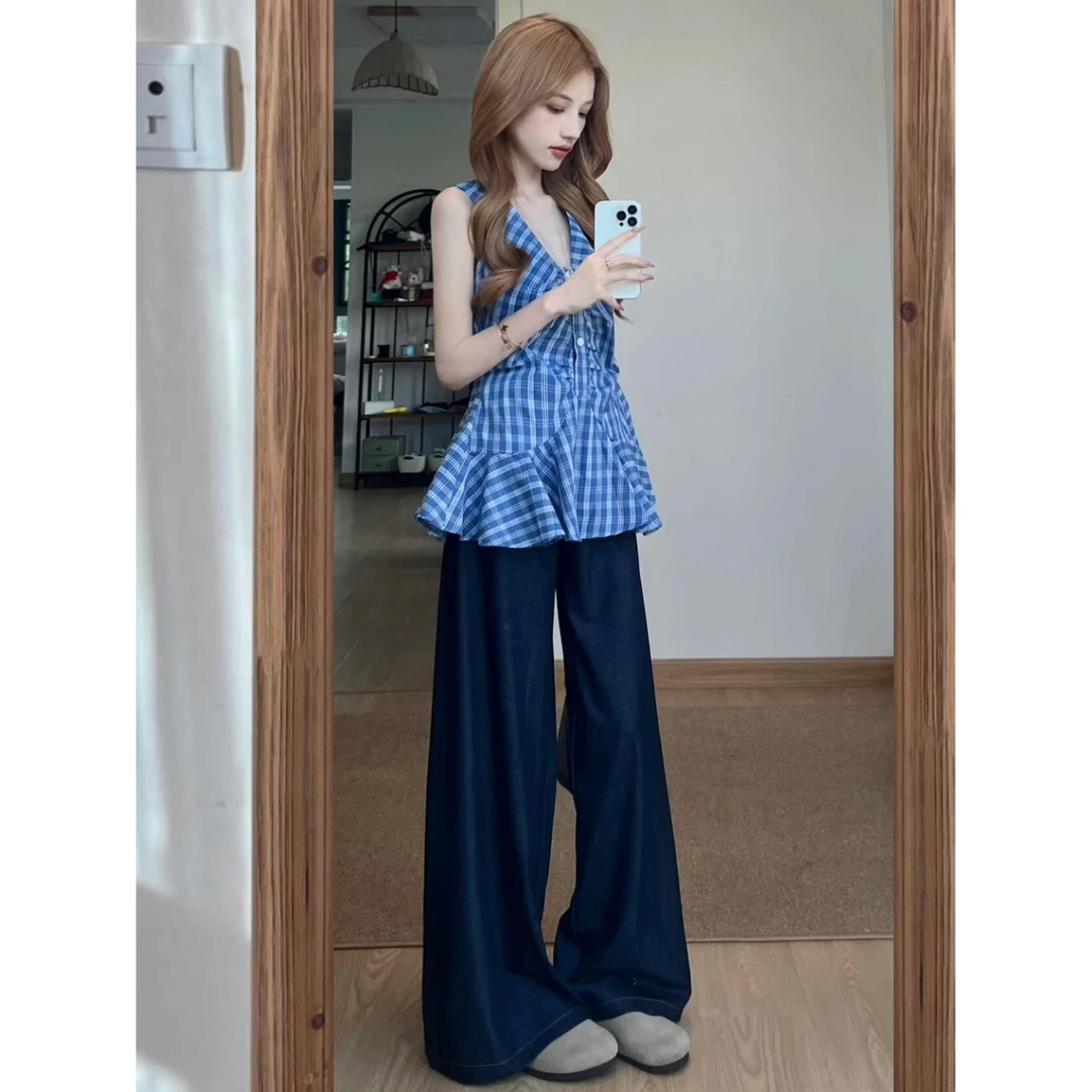 韩系格纹挂脖V领无袖吊带背心女夏季高腰显瘦牛仔阔腿裤两件套装