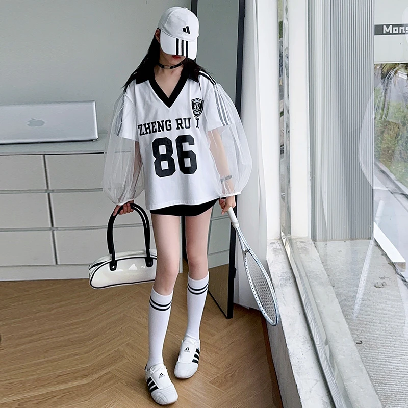 【毛妈潮牌】女童夏季时髦V领防晒袖T短袖套装2025中大童洋气两件套