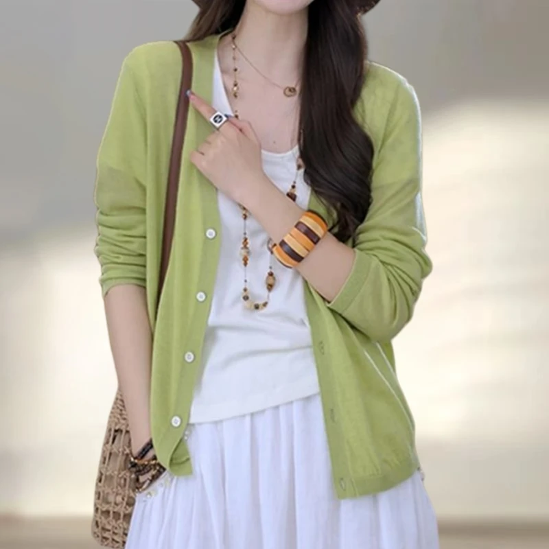 小个子简约百搭纯色V领针织开衫春季爆款宽松显瘦单排扣轻薄上衣