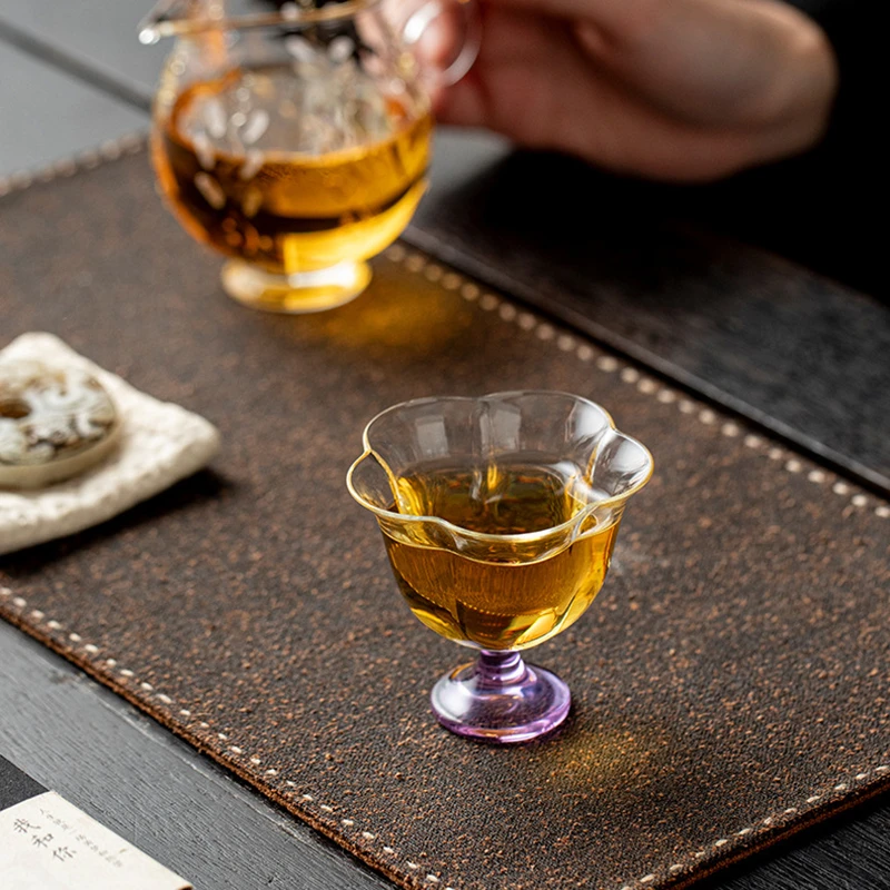 高硼硅茶杯紫色花瓣高脚主人杯家用高档功夫茶具耐热玻璃品茗杯