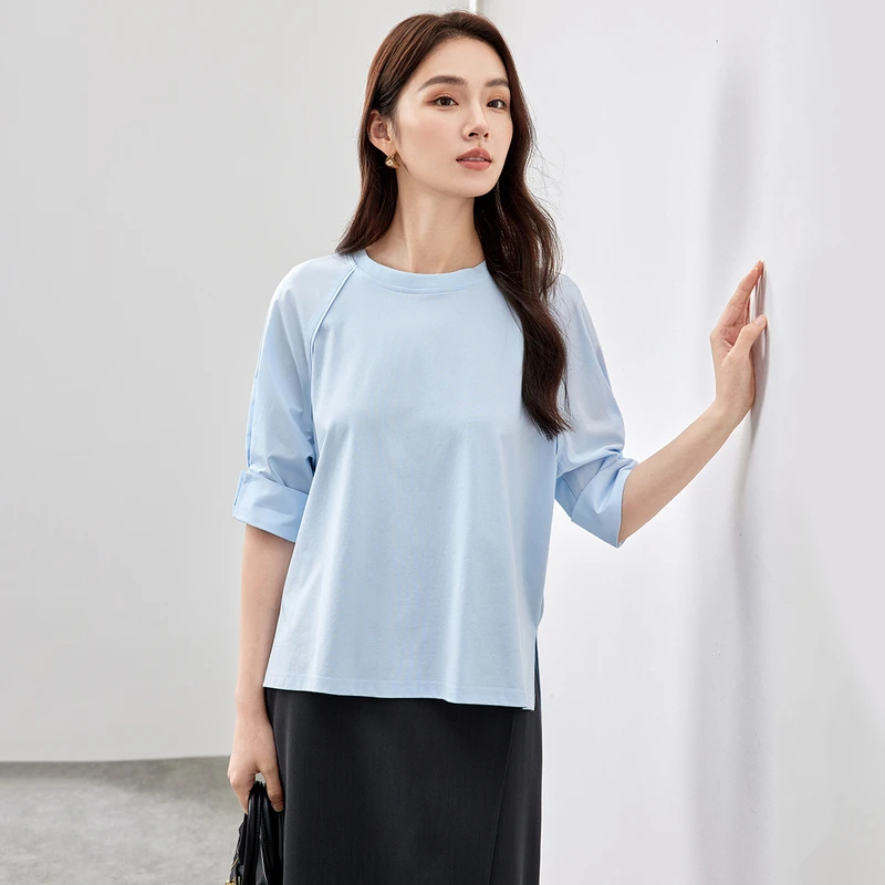 【五分袖拼接T恤】都市休闲插肩袖圆领下摆开衩五分袖拼接T恤59008