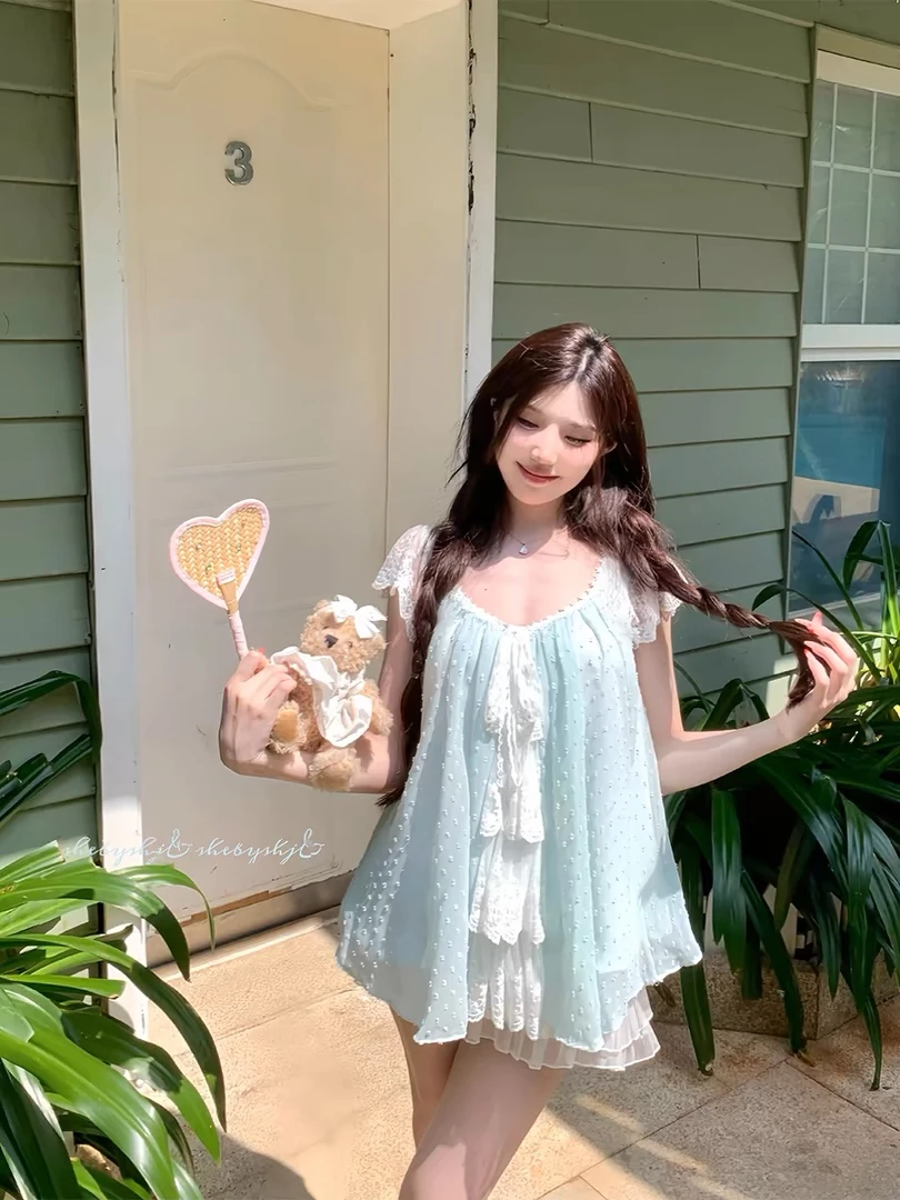 ting25年夏季新款甜美蕾丝公主裙仙女绿色上衣韩版百搭小清新