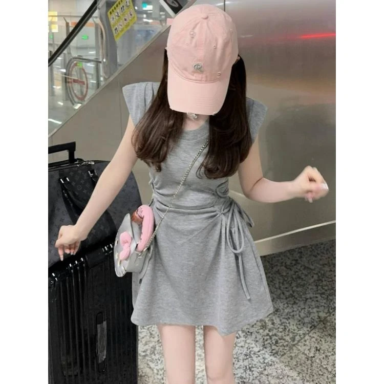 法式纯欲风小飞袖连衣裙女夏季小个子系带休闲收腰显瘦休闲短裙子