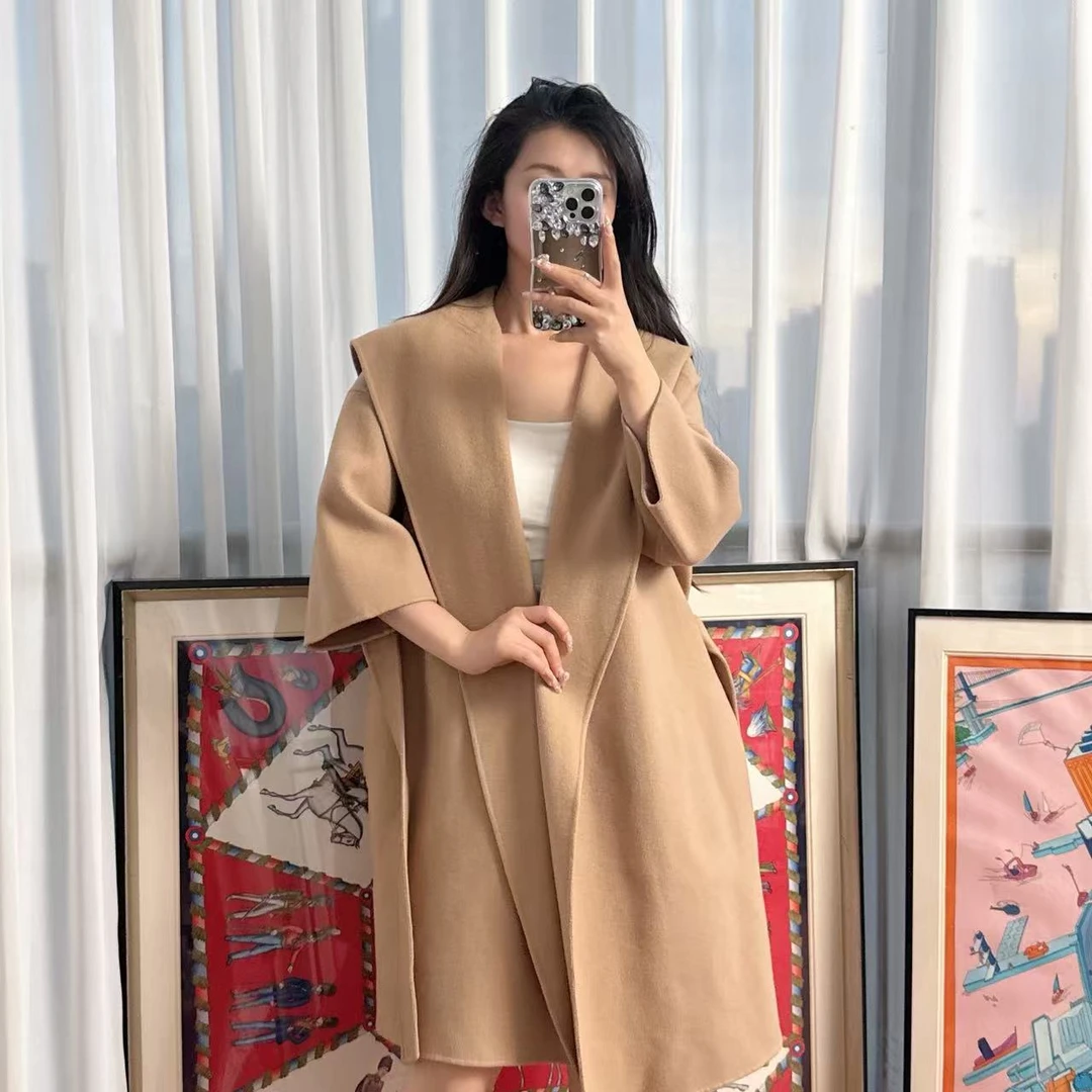 95新 MaxMara 麦殿/羊绒连帽大衣170码棕色/250524SYN8X01
