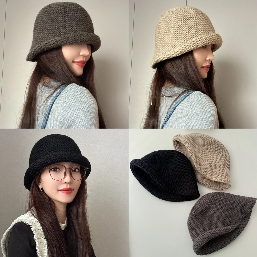 韩代chic大头围bi入复古粗针织羊毛卷边盆帽女秋冬ins显脸小桶帽