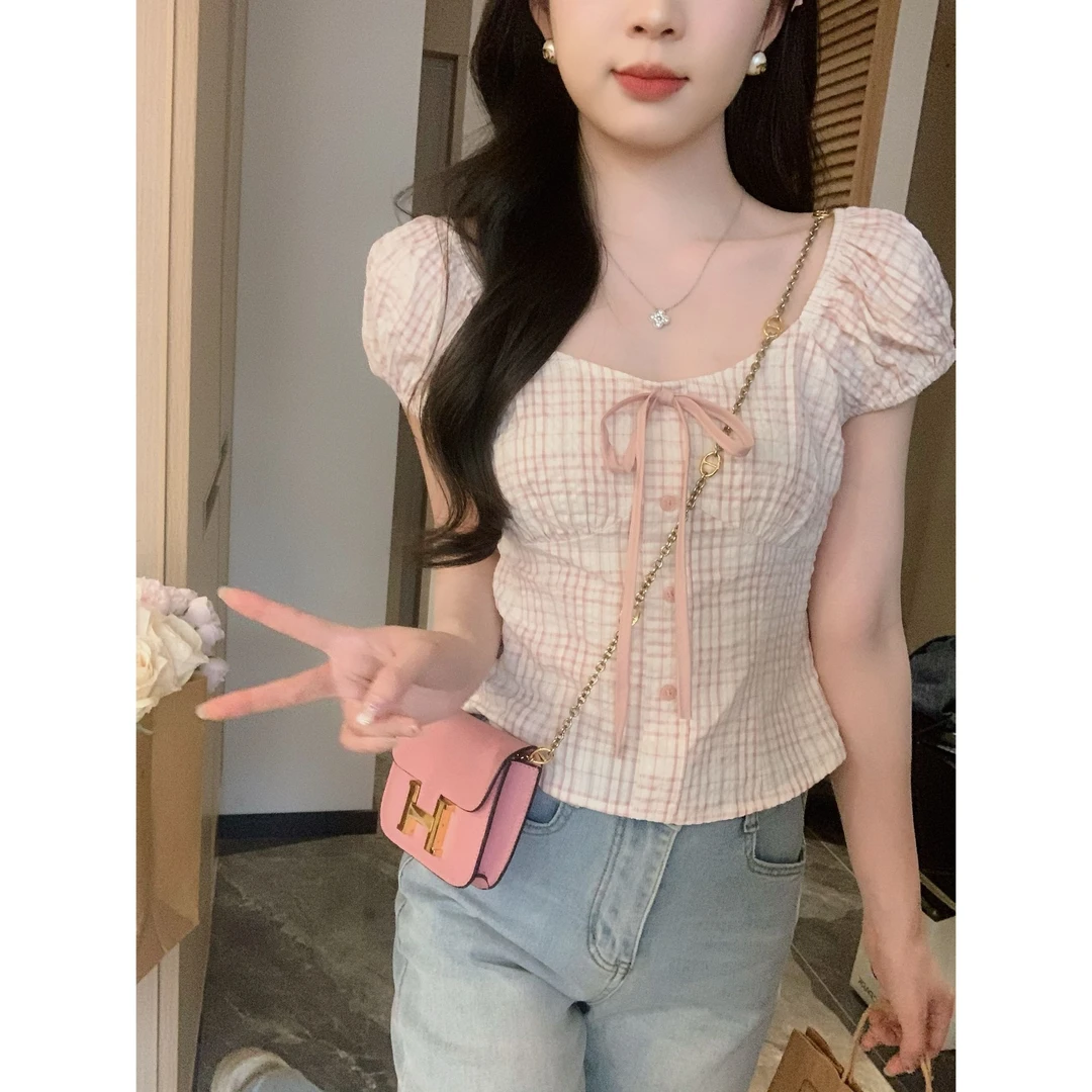 小奶盖 甜美少女感撞色格纹蝴蝶结方领上衣