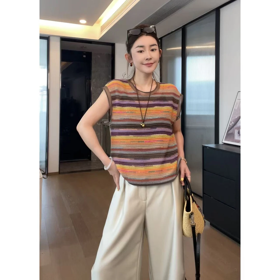 玖了个玖 2025夏 设计感韩系条纹无袖圆领针织衫上衣 2505C2925