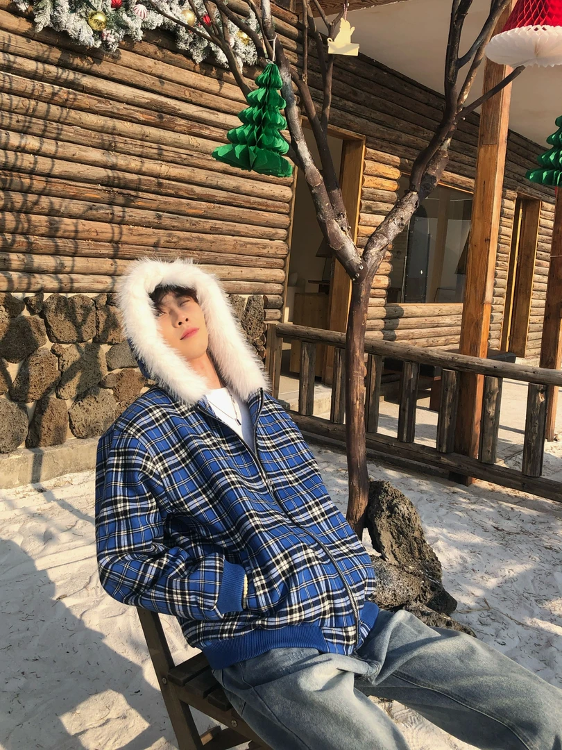 BUFANSTUDIO重磅蓝格纹座山雕加绒外套坨卡毛设计师男连帽夹克