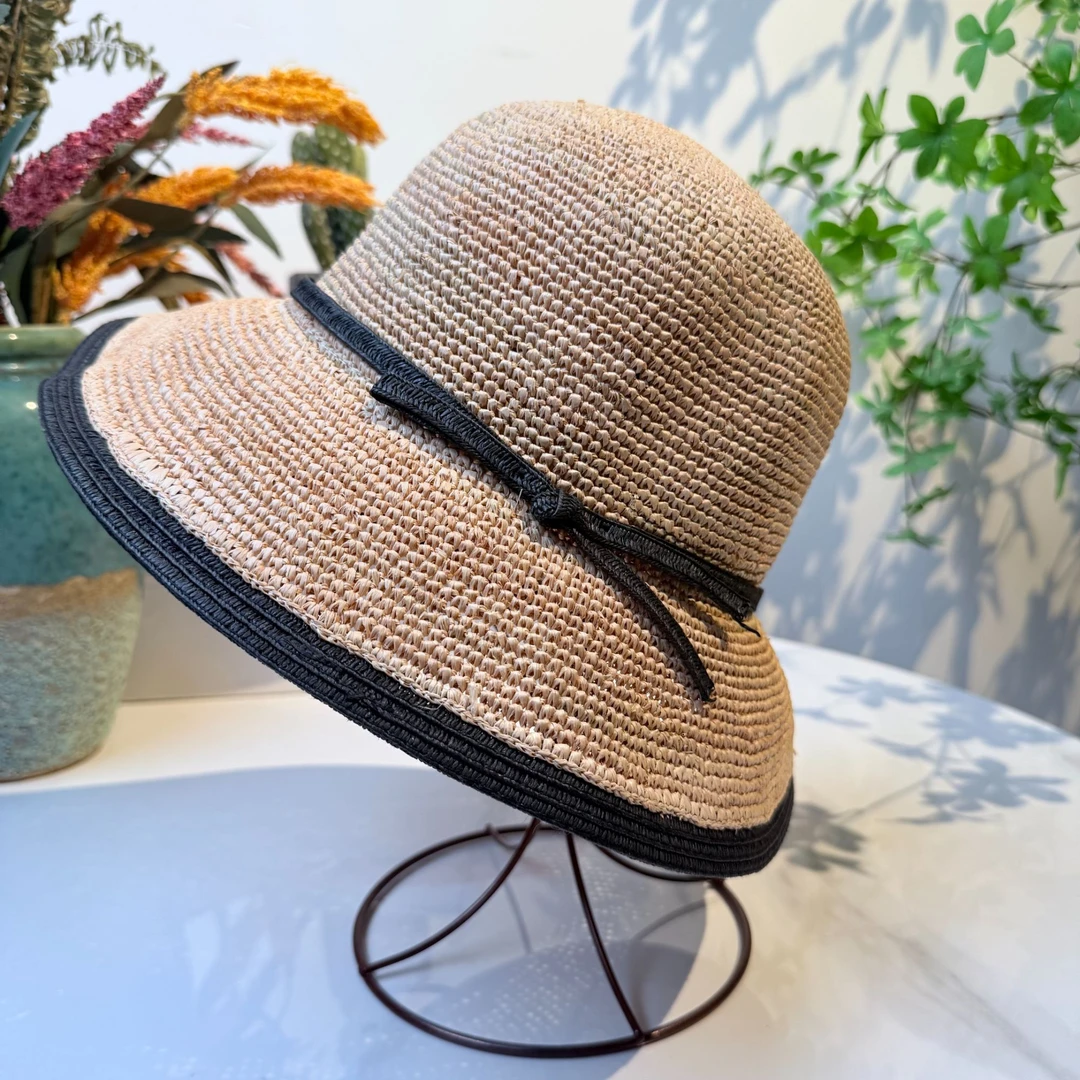 夏季可折叠盆帽赫本风遮阳拉菲草帽女手钩遮阳帽子简约包边凉帽