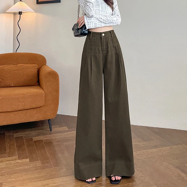美式军绿色阔腿软牛仔裤女春秋季2025年新款宽松休闲拖地直筒裤子