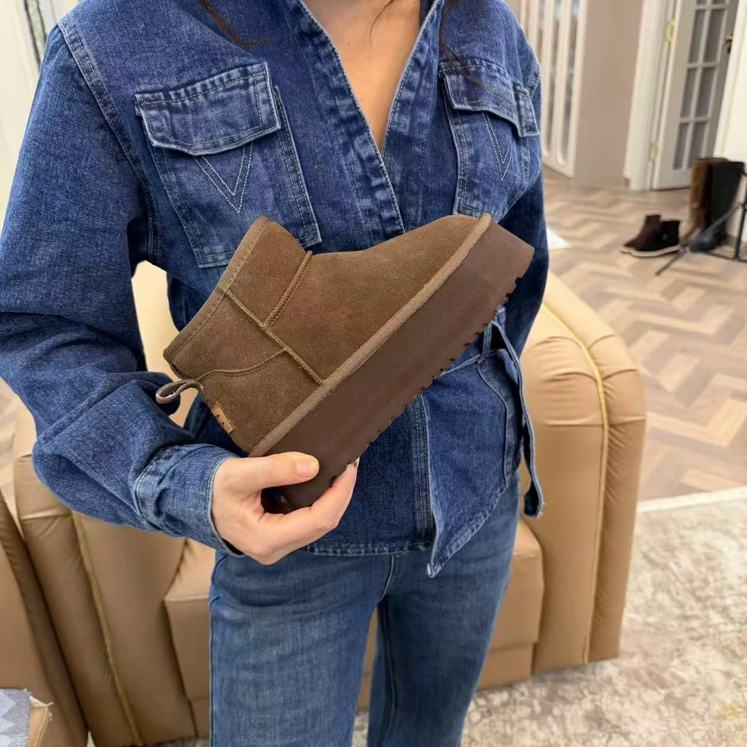 古再丽【9966】真皮厚底6cm时尚百搭加绒雪地靴冬防滑保暖短筒女鞋