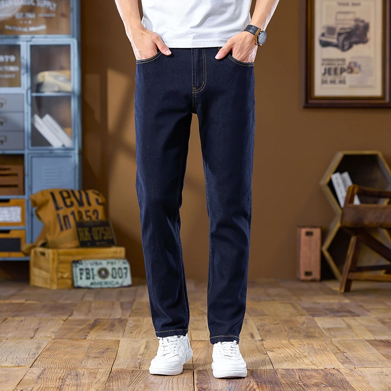 美式复古牛仔裤男原色丹宁小直筒修身硬汉风牛仔裤美式小个子