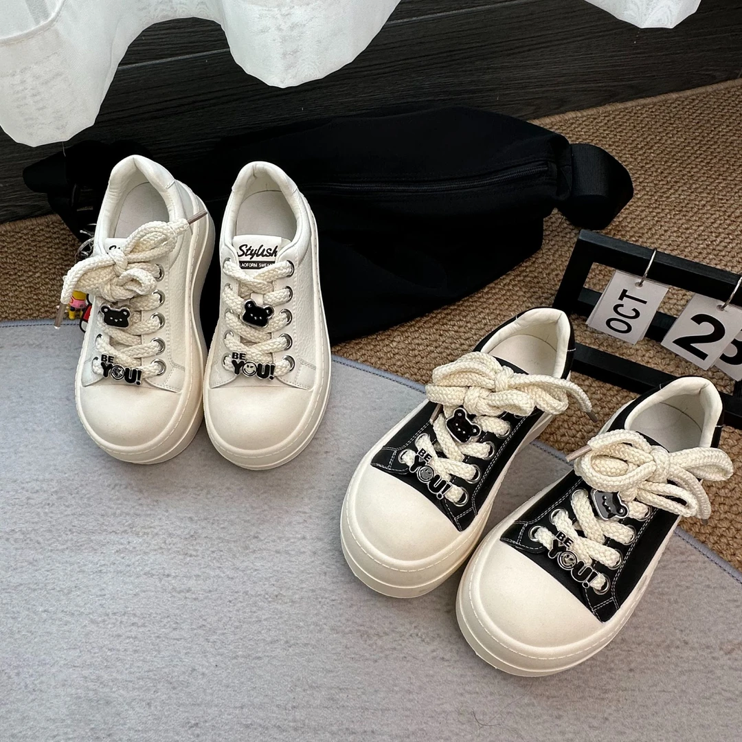 韩版ins可爱丑萌大头娃娃鞋小白鞋女厚底百搭高级感真皮休闲板鞋