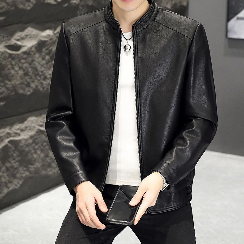 2024新款男士立领中青年立领休闲韩版时尚秋冬加绒皮夹克加绒可选