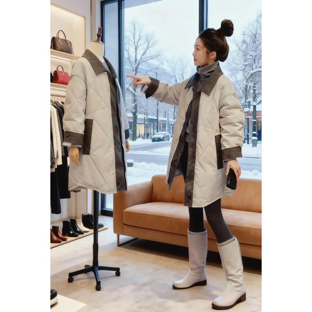 菱形格撞色翻领假两件棉服外套女秋冬新款大码胖mm显瘦中长款棉衣